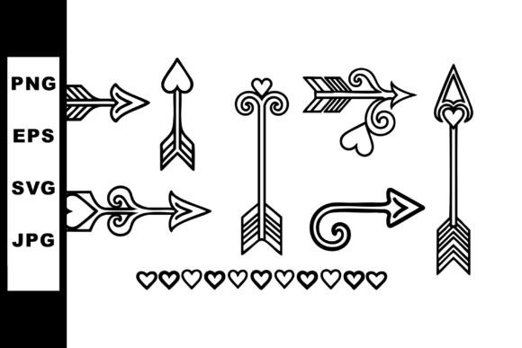 Decorative Black Line Art Arrows with Heart Graphics for Illustrations